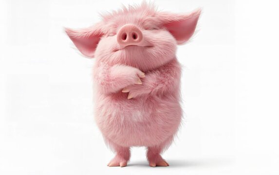 Fluffy pink piglet character stands smiling on clean white background with tiny hooves and soft fur, creating cheerful farm animal mascot for nursery decor, child products and playful branding use