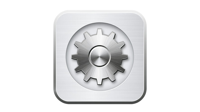 Brushed metal gear icon with rounded square frame