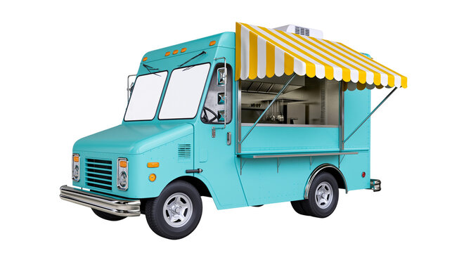 Turquoise food truck with yellow and white striped awning