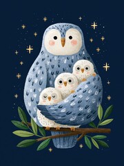 Obraz premium Adorable Family of Owls Nesting at Night