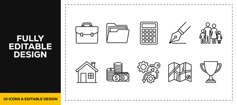 flat vector illustration line art icon bundle set design illustrating office supplies briefcases business stationery desk work corporate folders and management graphics UI