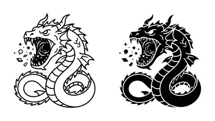 Dragon Emblem Pair: A striking set featuring a mythical dragon in both outline and silhouette form, showcasing fierce fangs and exhaling embers, perfect for graphic design and fantasy themes. © asad