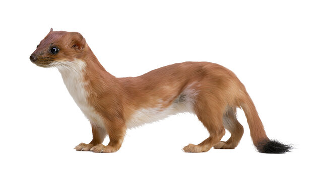 Brown and white weasel standing profile view