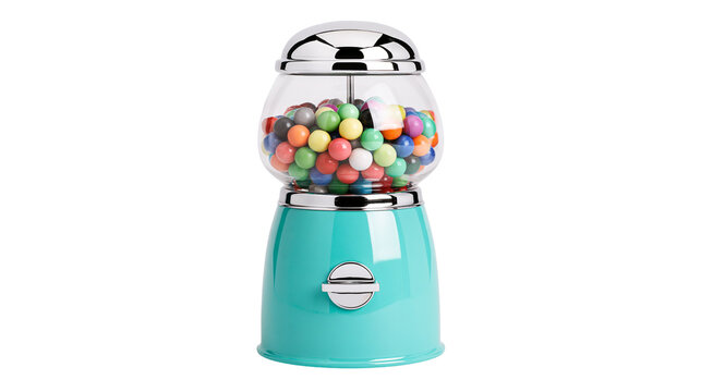 Turquoise gumball machine filled with colorful candy