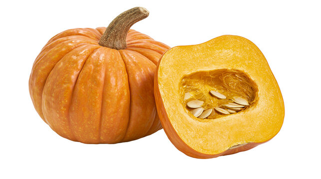Whole and halved orange pumpkin with seeds