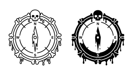 Gothic Compass Icon: A striking graphic illustration of a compass, framed by bones and topped with a skull, representing a dark and adventurous journey or exploration. © Mohammad