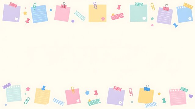 Cute stationery border with colorful sticky notes, paper clips, and washi tape on a cream background