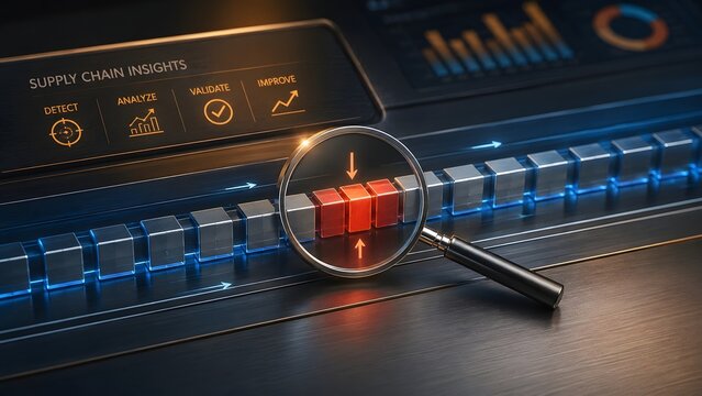 Supply Chain Insights and Data Analysis Concept with Magnifying Glass Highlighting Glowing Cubes