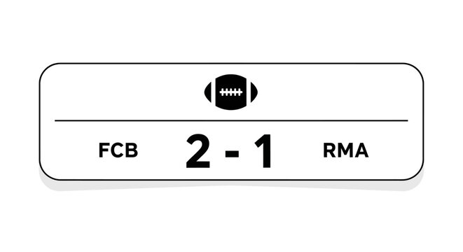 Minimalist Football Soccer Match Score Display with Team Abbreviations FCB 2-1 RMA on an Isolated White Background.