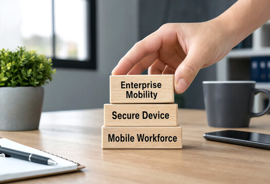 Hand placing wooden block labeled enterprise mobility on secure device and mobile workforce blocks