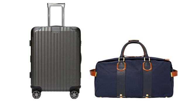 Dark grey ribbed rolling suitcase and navy blue duffel bag with leather accents