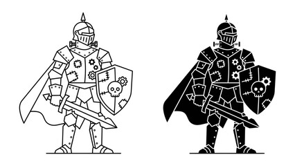 Knight in Armor with Sword and Shield: A medieval knight stands ready for battle, clad in full, ornate armor and holding a sword and shield adorned with a skull emblem. © Mohammad