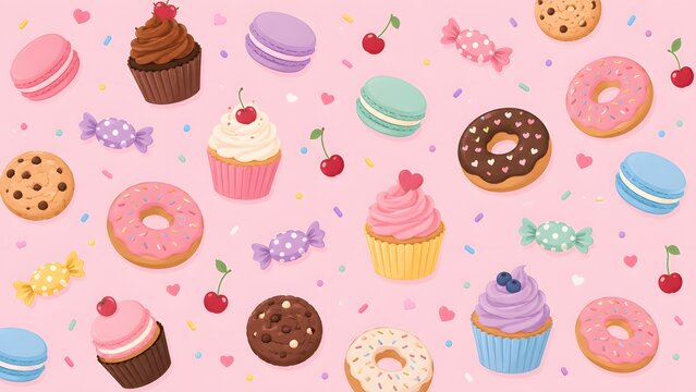 Seamless pattern with cute sweets, cupcakes, donuts, macarons, cookies and candies on a pink background