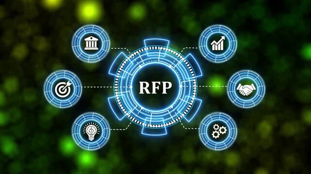 Business rfp concept circular animation with digital infographic elements and icons.