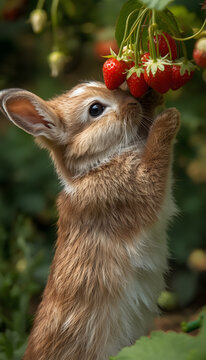 Cute Brown Rabbit Reaching for Red Berries in a Natural Woodland Setting