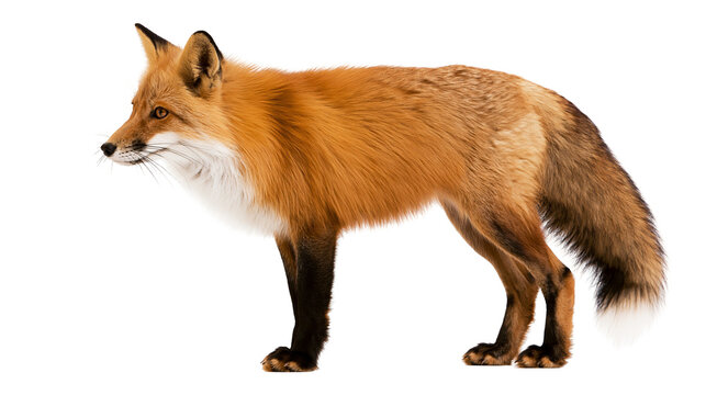 Red fox standing profile view with white chest and tail tip