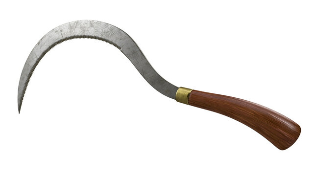 Curved metal sickle with serrated edge and wooden handle