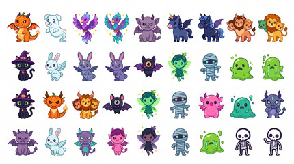 Collection of cute kawaii halloween monster character design element art. Happy Halloween vector sticker set with dragon ghost cat mummy slime skeleton fairy icons for game assets and web designers. © Itx Musa