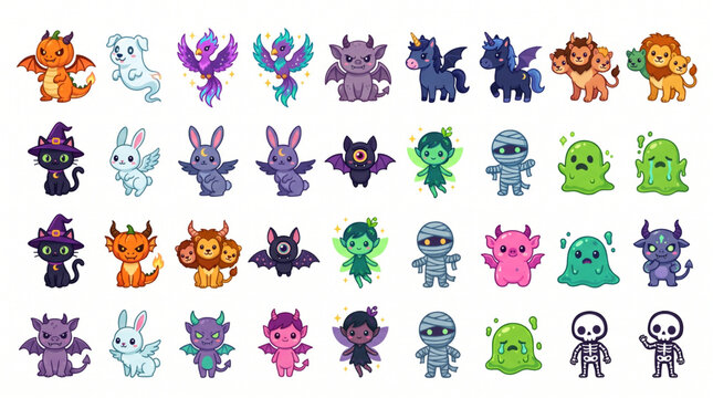 Collection of cute kawaii halloween monster character design element art. Happy Halloween vector sticker set with dragon ghost cat mummy slime skeleton fairy icons for game assets and web designers.