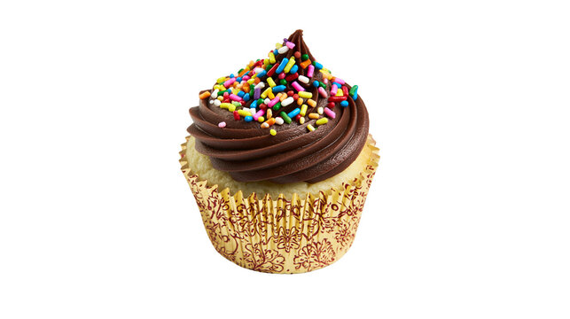 Chocolate frosted cupcake with colorful sprinkles