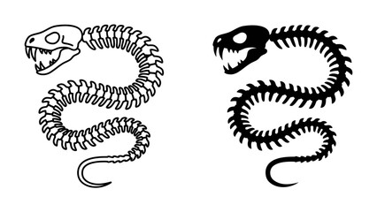 Snake Skeleton Duo: A striking illustration of a snake skeleton presented in two styles – a detailed outline and a solid black silhouette, conveying a sense of anatomy and reptilian form. © hasnat