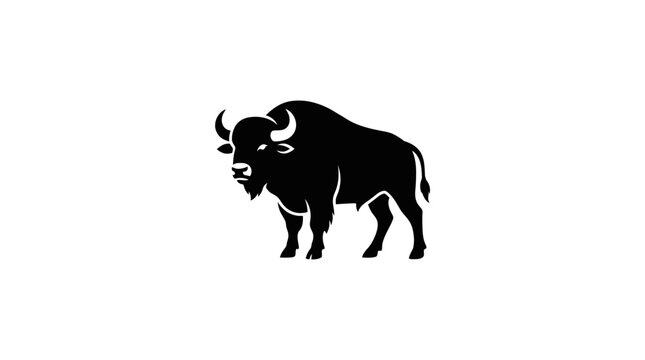 Minimalist black bison silhouette standing on white background.
