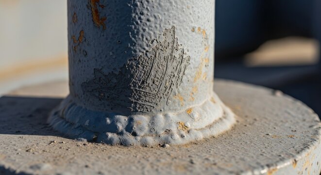 Detailed macro view of a weathered pipeline support structure showing industrial textures and signs of wear