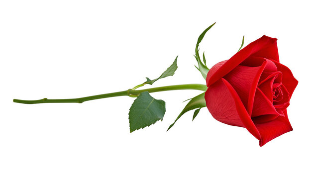 Single red rose with green stem and leaves