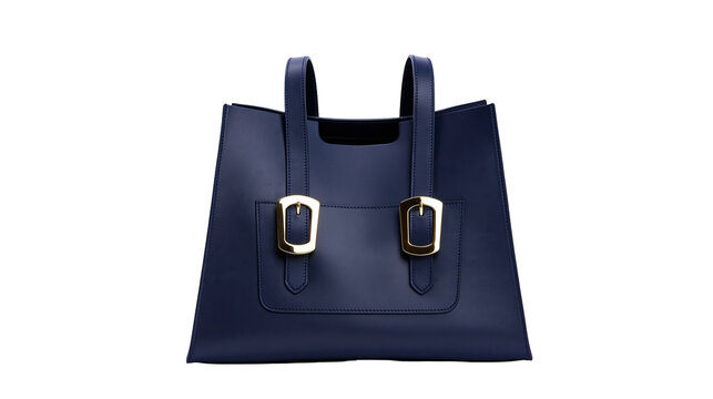 Navy blue leather tote bag with gold buckle details