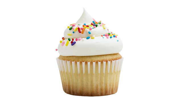 Vanilla cupcake with white frosting and colorful sprinkles