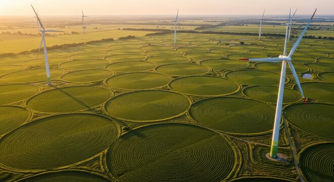 Expansive circular irrigation patterns from aerial view showcasing sustainable agricultural fields at dawn with wind turbines on the horizon