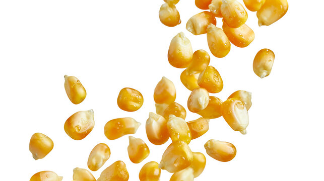 Raw corn kernels scattered, yellow and white grains