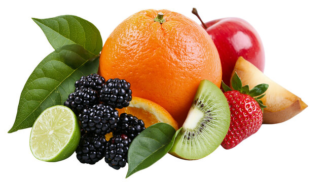 Assortment of fresh fruits including orange apple lime blackberries kiwi, and strawberry