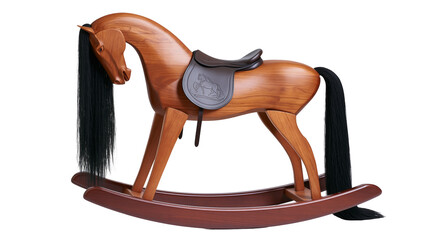 Wooden rocking horse with black mane and tail, brown saddle © Patricia