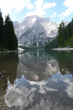 Beautiful reflection of Corda del Becco mountain in Lago di Braies lake, Dolomites