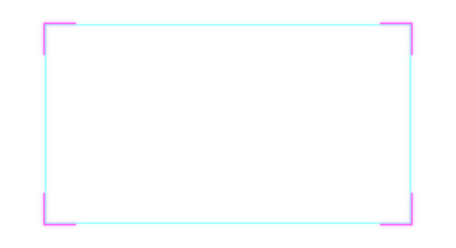 Minimalist glowing neon light frame. cyan rectangle border, purple corner bracket shapes. for futuristic tech photography layout, retro synthwave display. cut out transparent graphic png.