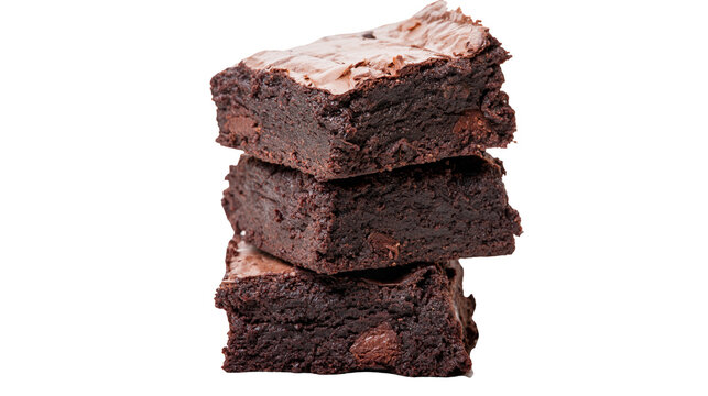 Stack of three rich dark chocolate brownies with chocolate chips