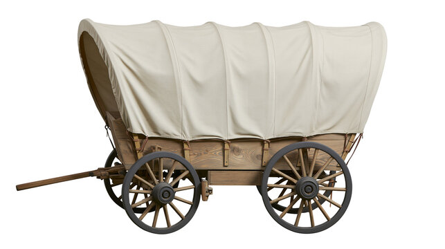 Wooden covered wagon with canvas top and spoked wheels