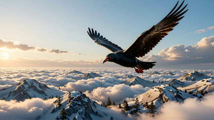 Fototapeta premium Majestic Bird of Prey Soaring Above Snow-Capped Mountains and Clouds at Sunrise