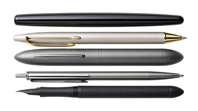 Collection of five modern pens with different designs and colors