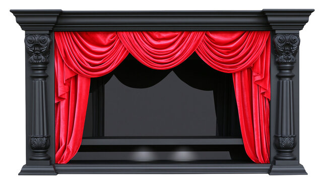 Black ornate proscenium arch with red velvet stage curtains