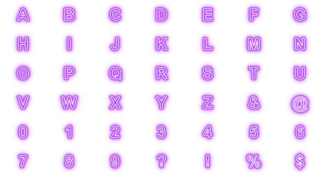 alphabet, neon letters and numbers png, a complete set of alphabet letters and numbers, accented with a glowing neon outline.