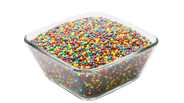 Square glass bowl filled with colorful sprinkles