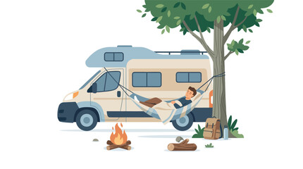 Obraz premium Young man relaxing and sleeping in hammock next to camper van at forest campsite flat vector illustration
