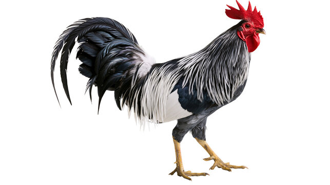 Rooster with black white and grey feathers, red comb