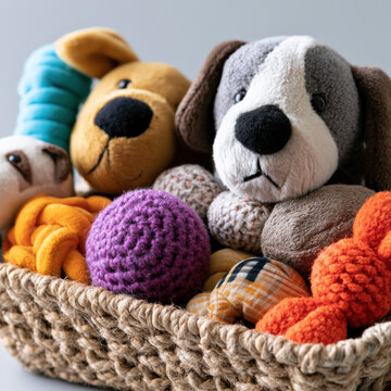Soft toys nestle in a woven basket