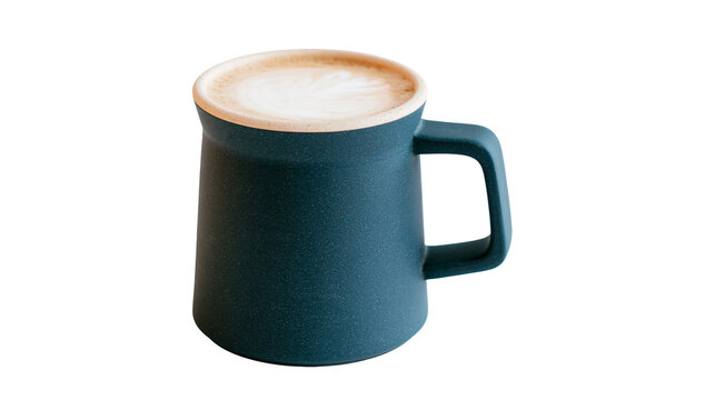 Dark teal mug with latte art foam on white