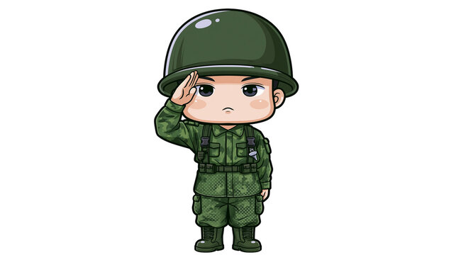 Chibi soldier in green uniform saluting