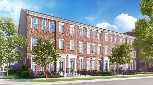 Traditional red brick townhouses featuring white window frames and black iron fences under bright sunshine