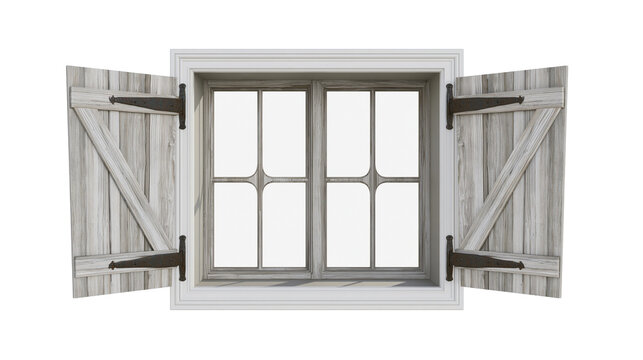 Farmhouse window with open wooden shutters and dark metal hinges